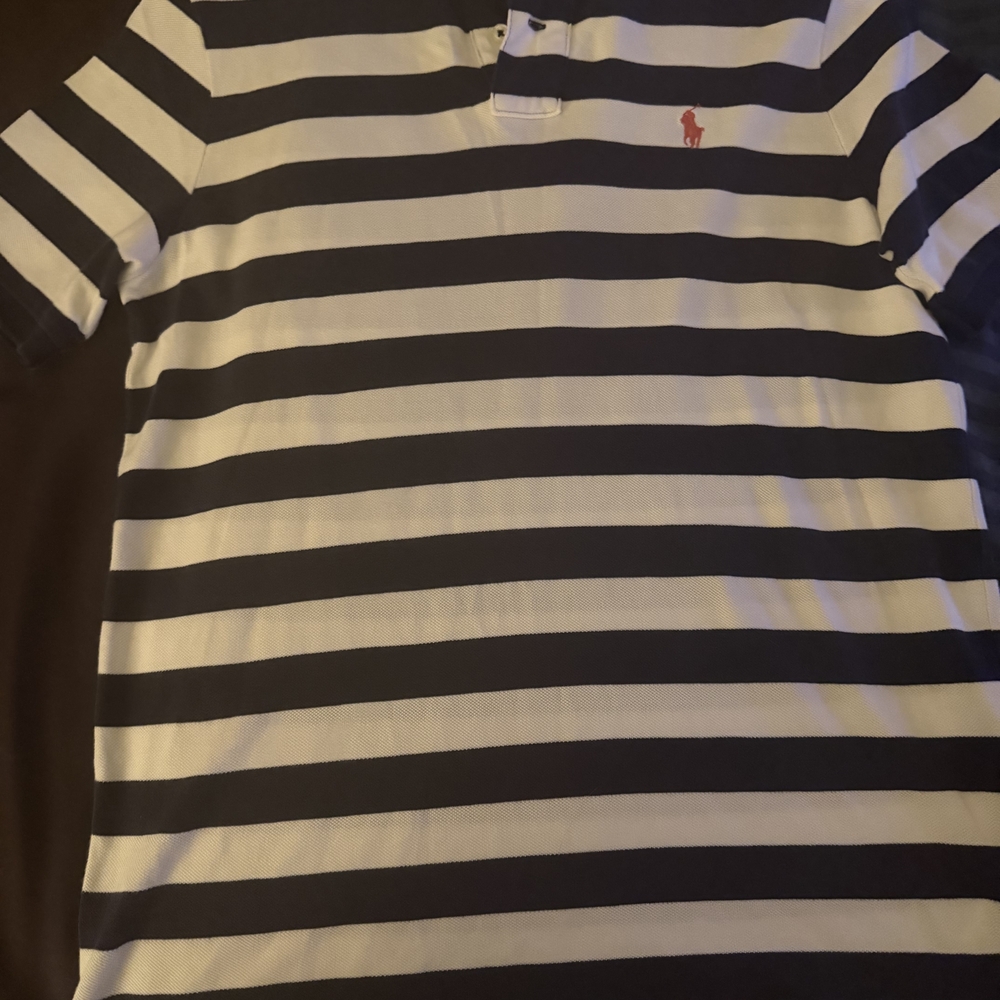 Ralph Lauren Navy and White Striped Polo with Gold Logo Accent